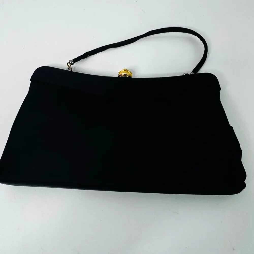 Vintage Andre Clasp Clutch Handbag Purse 1960s Black Gold Rhinestone